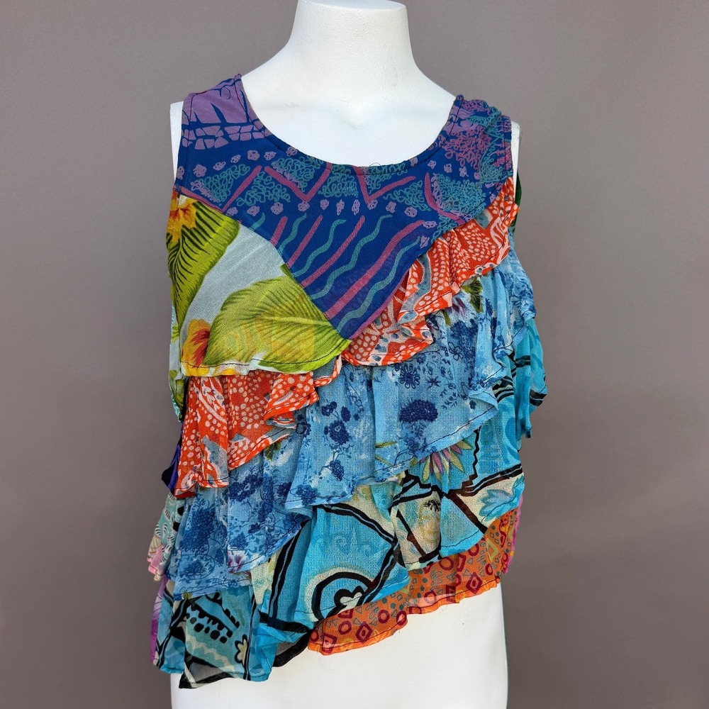 Sacred Threads Top S Multicolor Patchwork Ruffle Tiered Boho Rayon Festival Tank